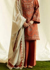 Grace Z-(W601)- Stitched Embroidered 3pc Linen Dress with Printed Shawl.